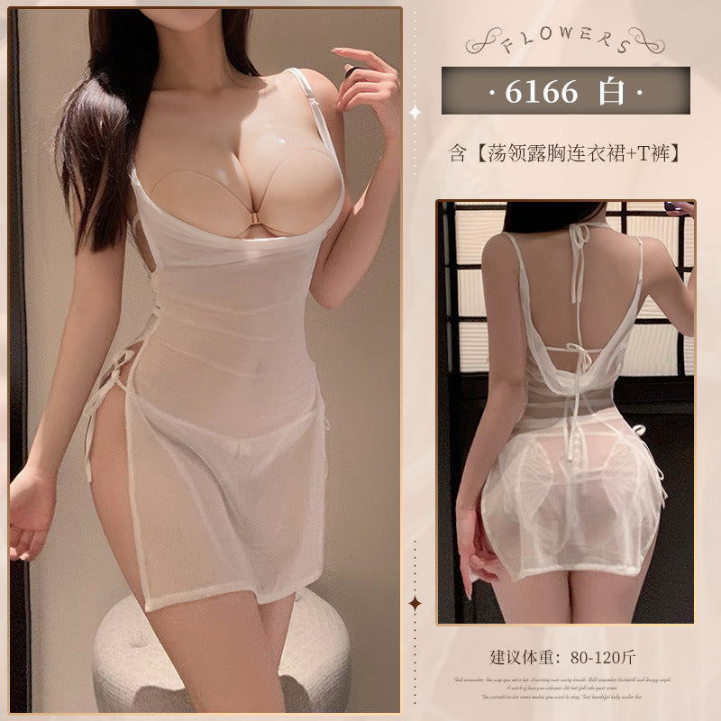 Chest swing collar see-through mesh slit dress ZY6166 erotic underwear sexy pure desire to show buttocks temptation